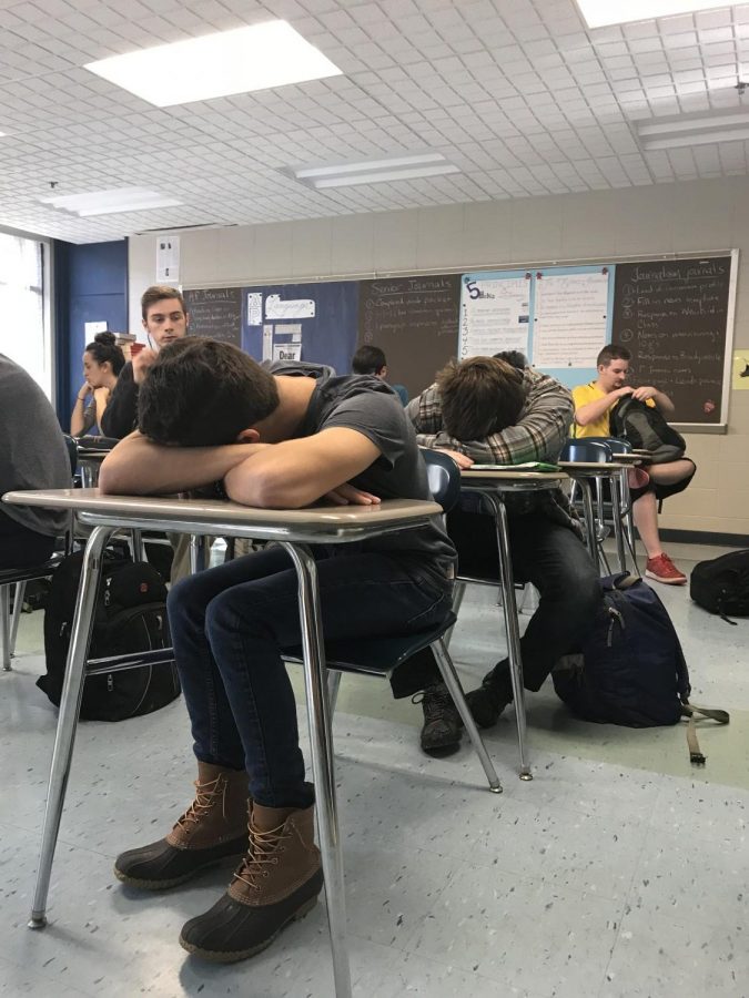 Sleep deprived Triton seniors, Mitchell Wolpert and Nathaniel Schmuch rest in class.
