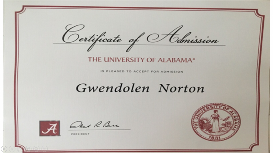 University of Alabama certificate of admission (Norton Photo)