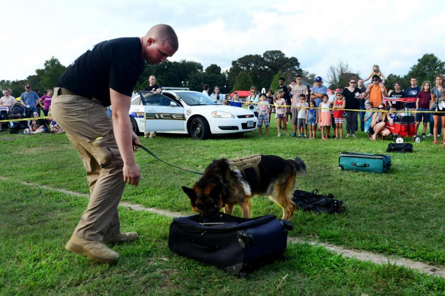 An Army Statistical Process Control Officer and his military dog demonstrating the searching process for drugs or weapons.