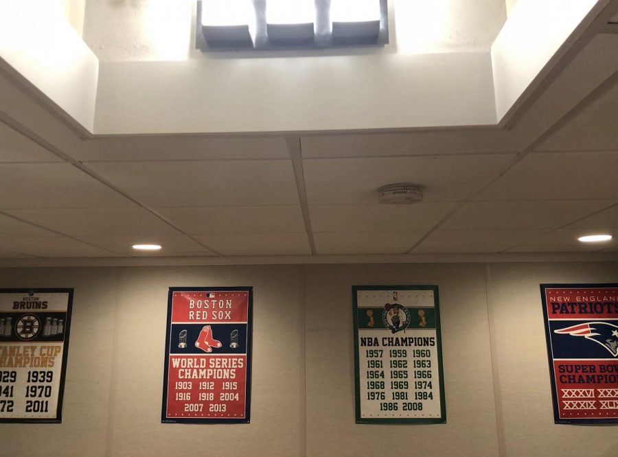 A display of all off Boston’s titles, the Bruins with six, Red Sox with nine, Celtics with seventeen, and Pats with five 