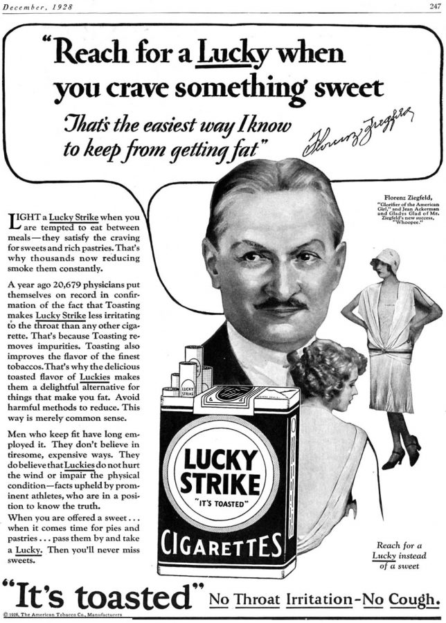 A Lucky Strike cigarette dieting ad that claims that cigarettes will curb sweet cravings