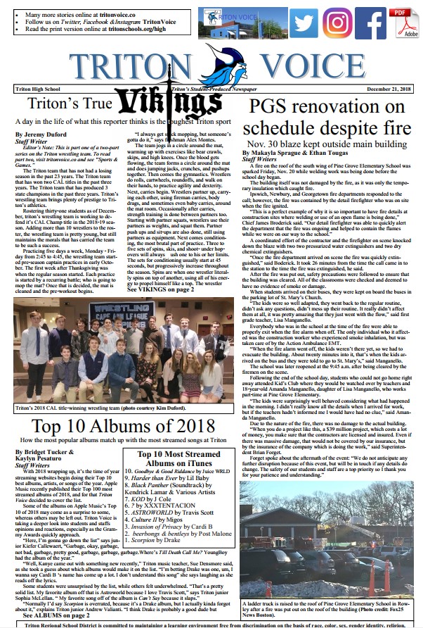 Front page of Triton Voice for 12/21/18