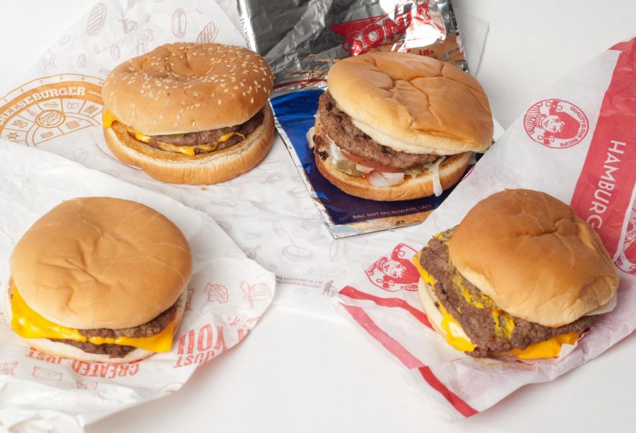 A selection of fast food hamburger fare.