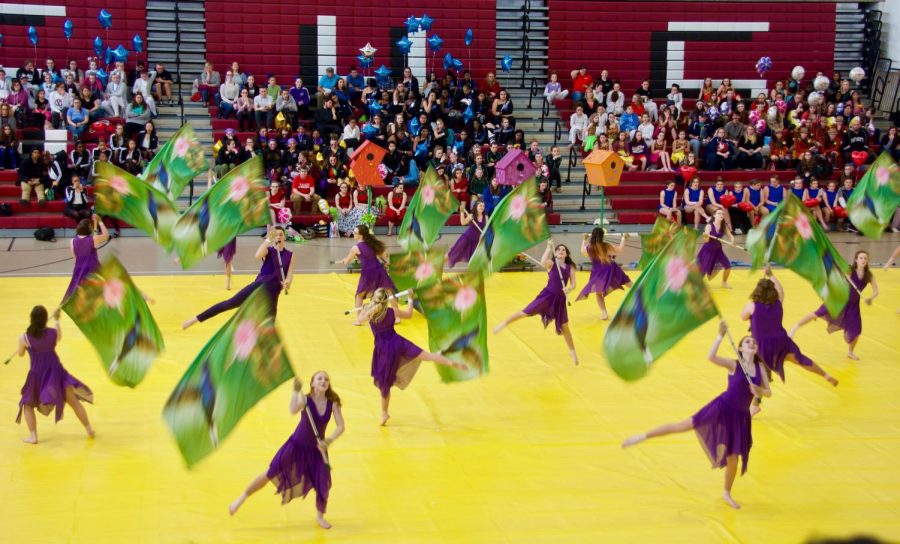 The Triton Winter Guard performs the feature hold in their 2018 show Hummingbird