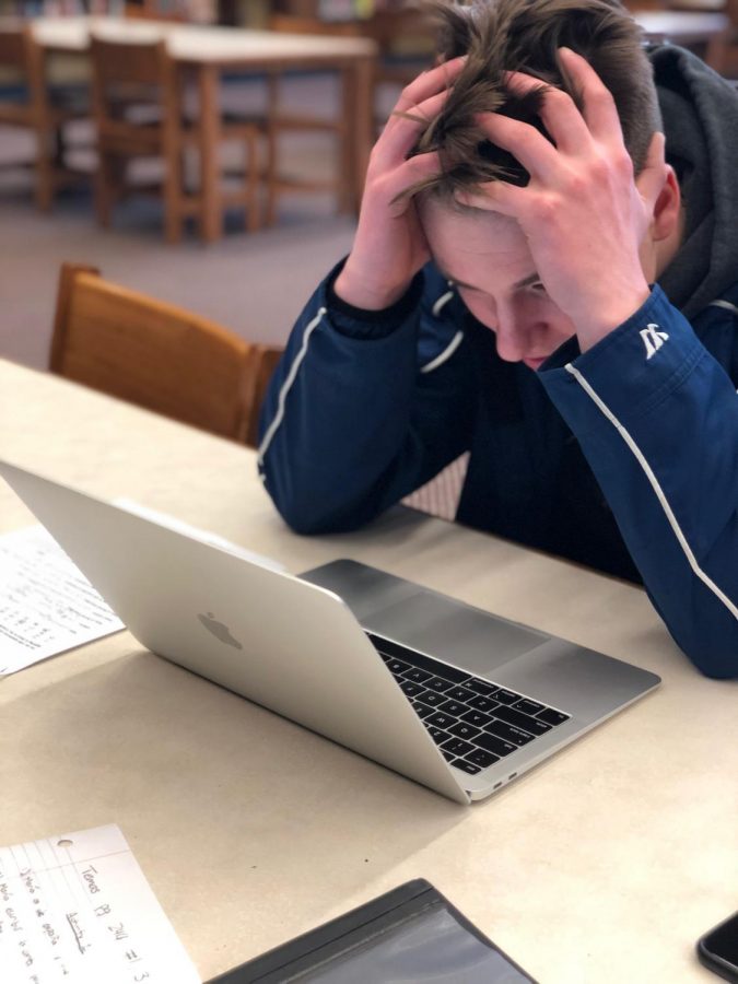 Senior Justin Szymanski stresses over Aspen as he attempts to check his grades.