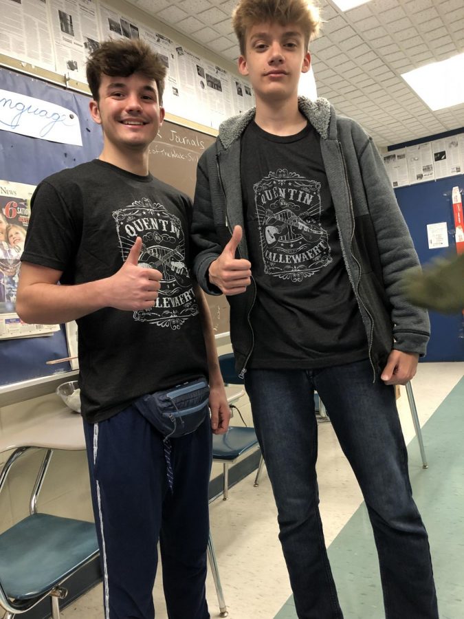 Kiefer Callewaert and Jeremy Duford wearing Quentins merchandise from his concert Thursday night at 7 oclock