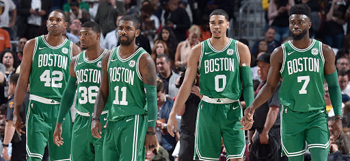 The 2019 Boston Celtics (pictured left to right: Al Horford, Marcus Smart, Kyrie Irving, Jayson Tatum, and Jaylen Brown)