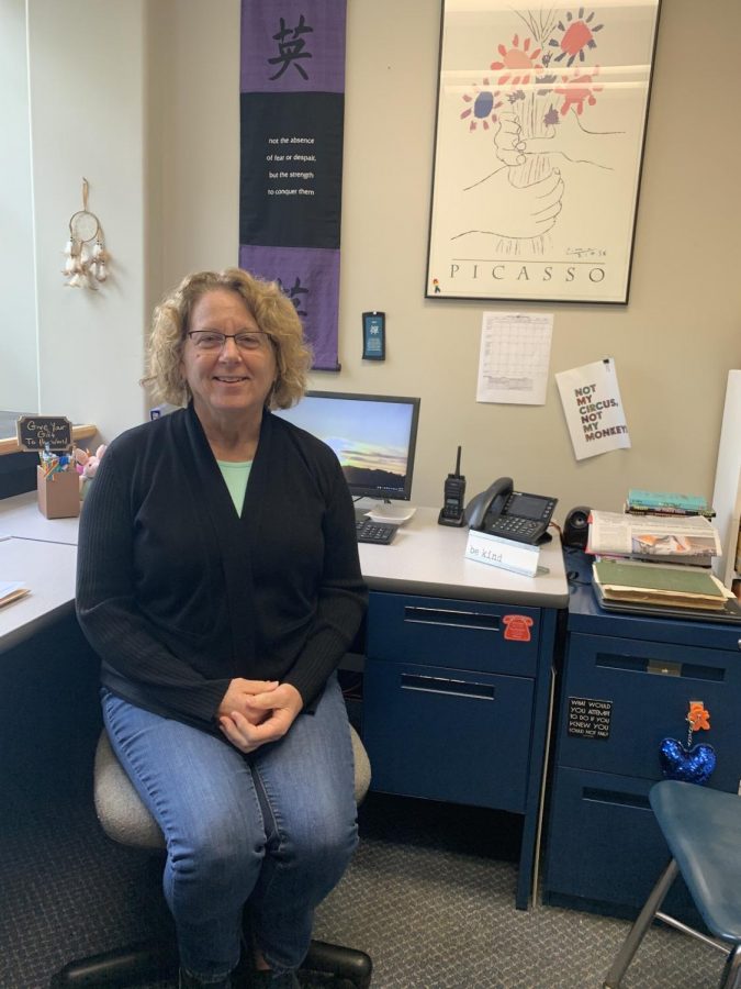 Mrs. Nancy Tsakirgis reflects on 25 years in the district in her office in the Middle School
