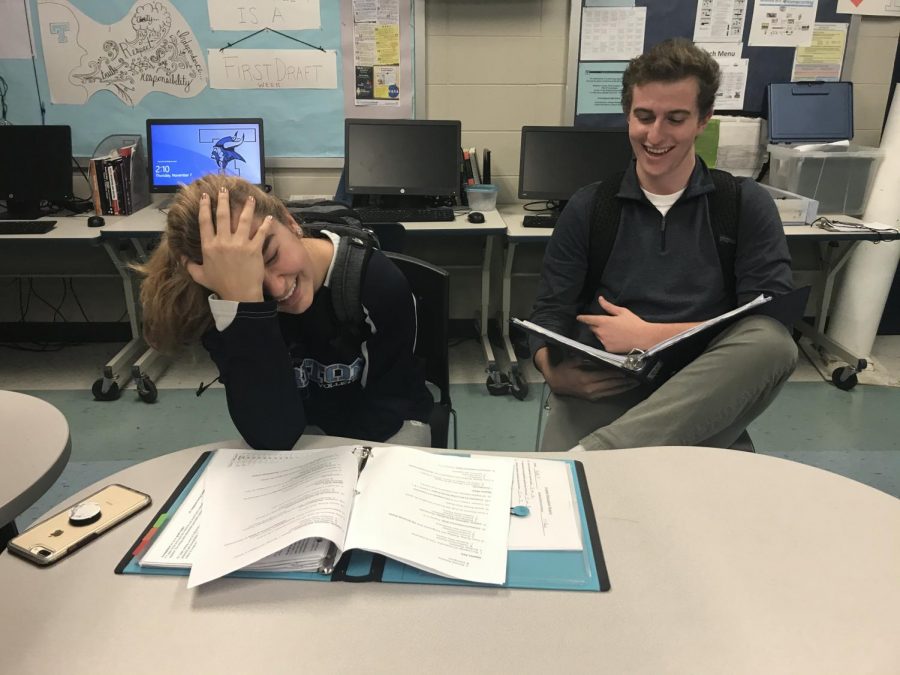 Juniors Kate Taylor and Kyle Odoy discuss doing away with class ranks during a recent study hall.