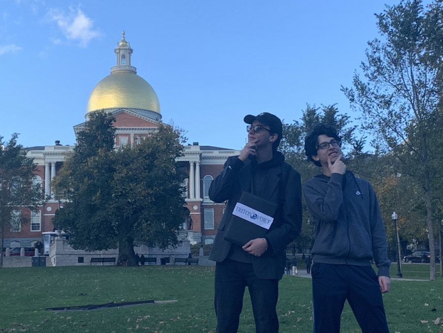 Staff Writers Timmy Timmons and Miguel Gigandet pose with the Massachusetts State House.