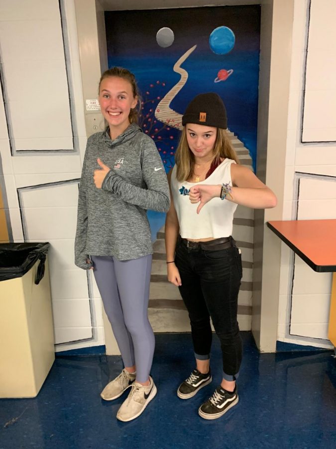 
Triton High School Seniors Paige Volpone and Amanda Ouellette showing the difference between an appropriate outfit and not appropriate outfit. Photo courtesy of Cameren Jolivet 
