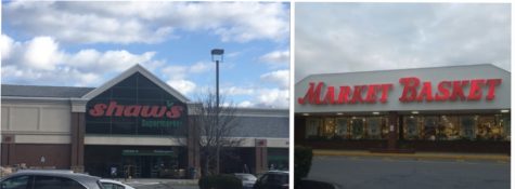 The front entrances of both supermarkets for Shaws and Market Basket 