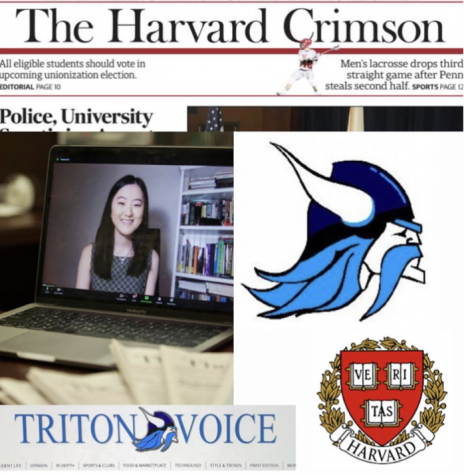 The flags of the Harvard Crimson and the Triton Voice with Amanda Su, the President of the Harvard Crimson.
