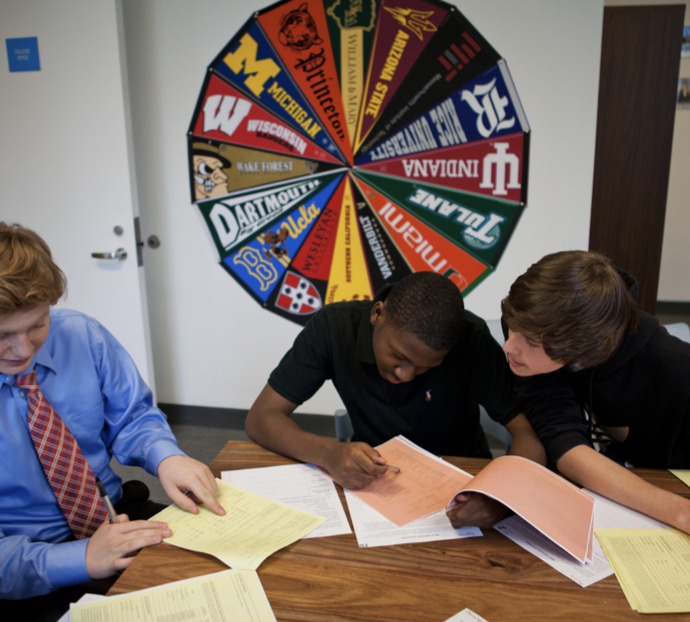 Students at Leman Manhattan Preparatory School in New York during a college admissions preparatory class.