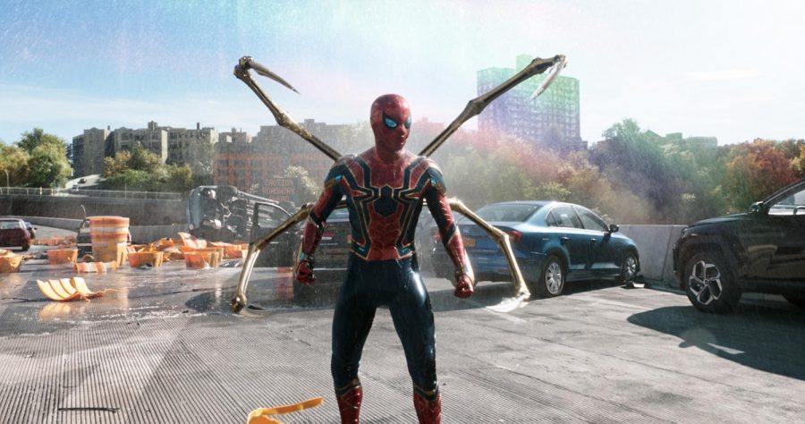 Spider-Man dons the Iron-Spider suit to duel Doctor Octavius.