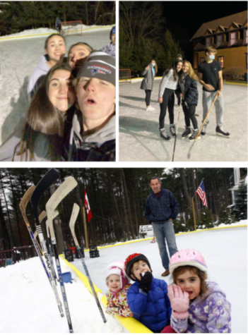 Top left and right, a group of friends enjoy a backyard ice rink. At bottom, the authors family when they were younger.