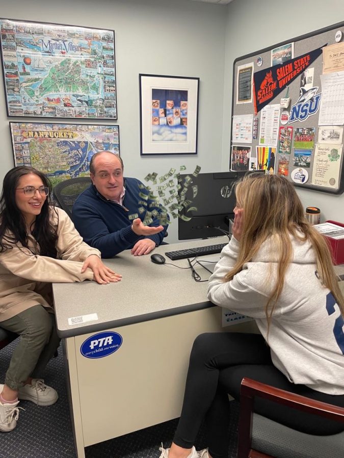 Junior Sofia Savino discusses next years application and financial process for college with guidance counselor Dr. Champy and intern Alexa Savvas. 