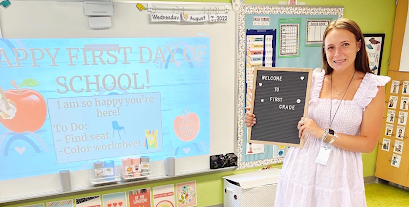 New First Grade teacher Eloise Hurton poses for picture on her classroom on the first day of school in 2022.