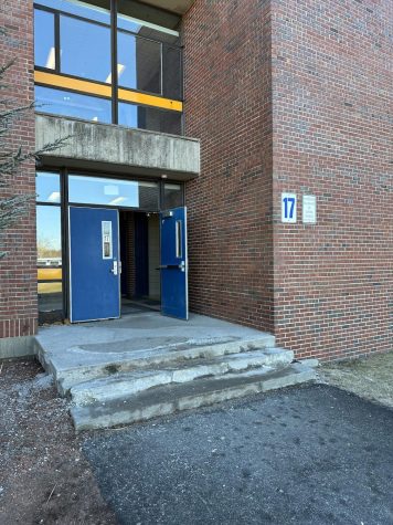 Door 17, back entrance to Triton High School, is propped open, making easy access for a potential intruder (Szymanski photo).