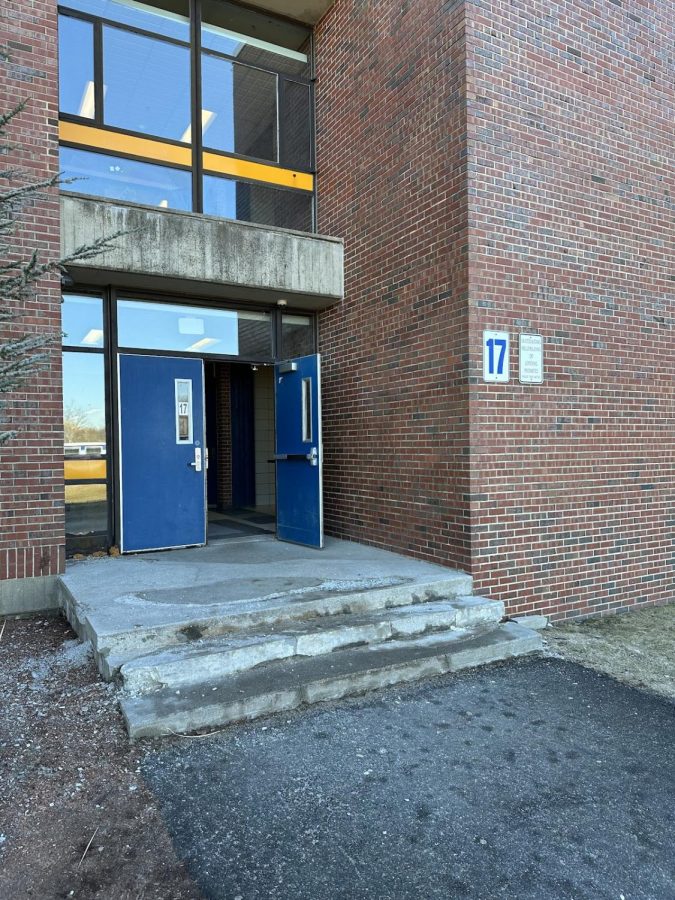 Door 17, back entrance to Triton High School, is propped open, making easy access for a potential intruder (Szymanski photo).