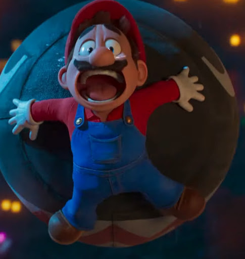 Mario screaming on the end of a Bullet Bill (Illumination screenshot)