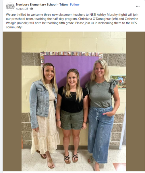 Newbury Elementary announced in a Facebook post that it had hired three classroom teachers, including Ms. Ashley Murphy.