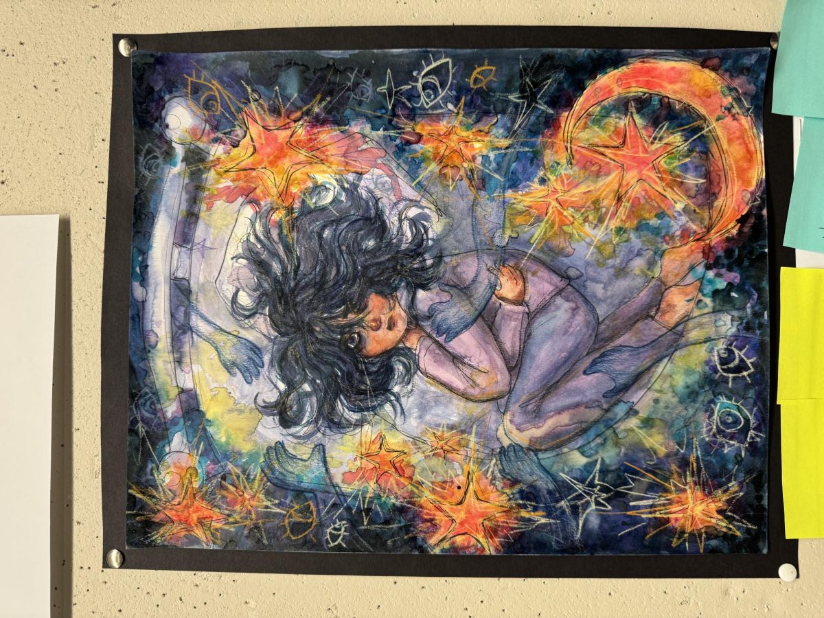 A mixed media piece from Art 2 at Triton. Students continue to create art for their portfolios throughout their art classes at Triton.