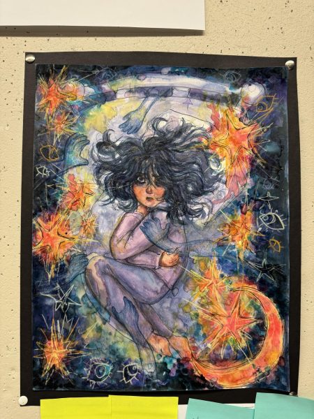 A mixed media piece from Art 2 at Triton. Students continue to create art for their portfolios throughout their art classes at Triton.