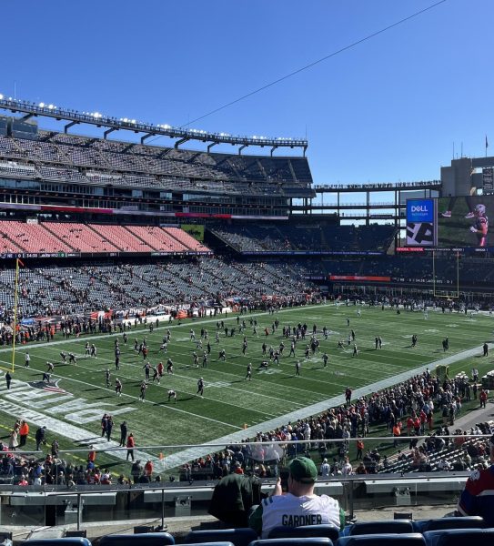 Gillete's Stadiums field while the Patriot's are warming up for they're game against the Jets.