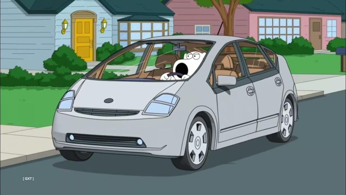 Brian Griffin (Family Guy) driving a Toyota Prius (a Hybrid electric car popular among climate change activists)