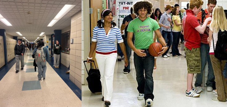 The differences between movie high school settings and the real high school world is stark. At left, Triton High's hallway, at right, an image of a hallway in "High School Musical."