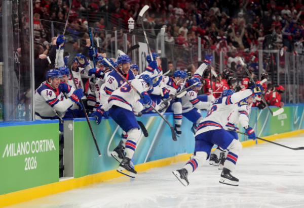 USA Men's Hockey Team Celebrates After Jack Hughes' Game Winning Goal