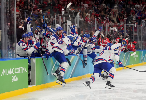 USA Men's Hockey Team Celebrates After Jack Hughes' Game Winning Goal